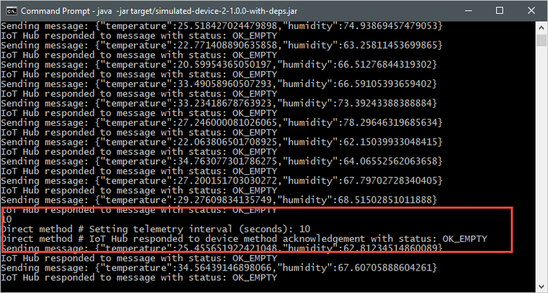 Capture d’écran d’une fenêtre de terminal montrant le résultat direct du message et la sortie mise à jour à partir de l’application d’appareil simulé.