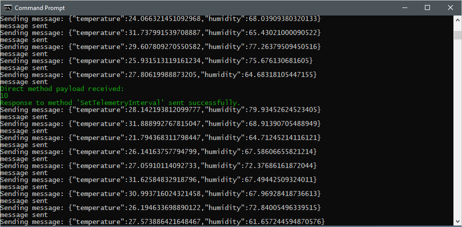 Capture d’écran d’une fenêtre de terminal montrant le résultat direct du message et la sortie mise à jour à partir de l’application d’appareil simulé.