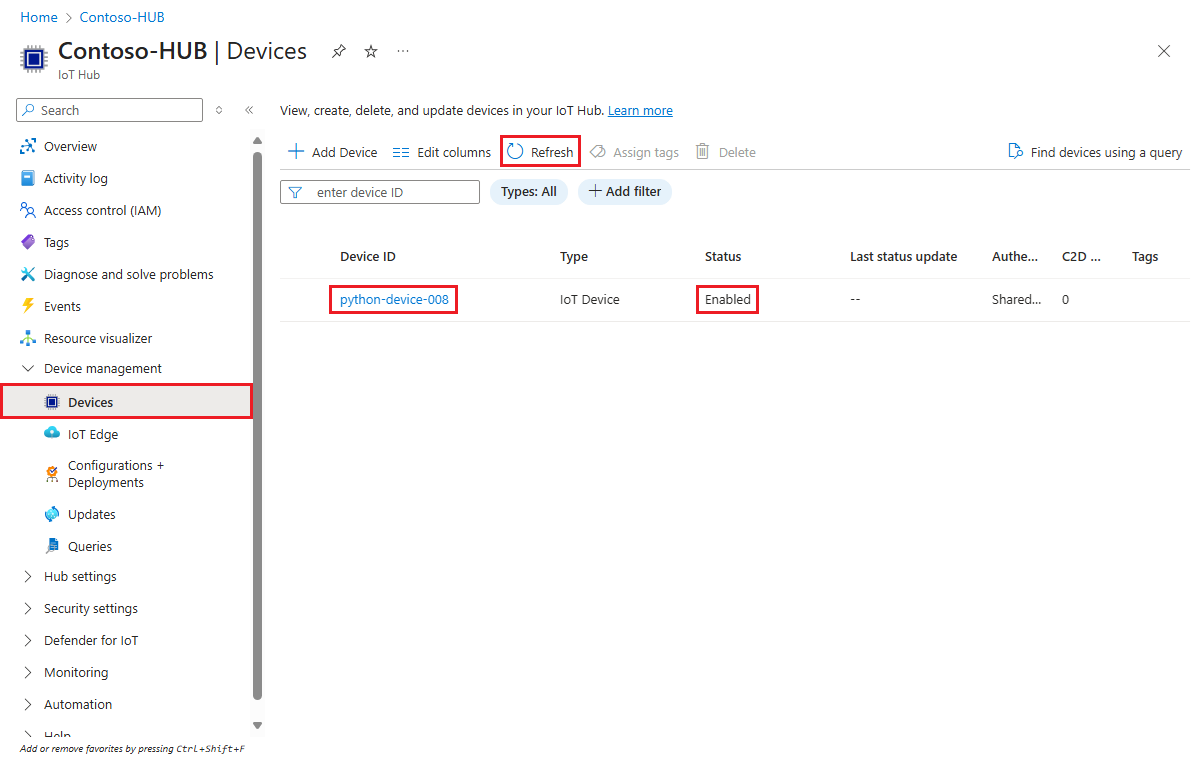 Capture d’écran montrant que l’appareil est inscrit auprès du hub IoT et activé pour l’exemple Python.