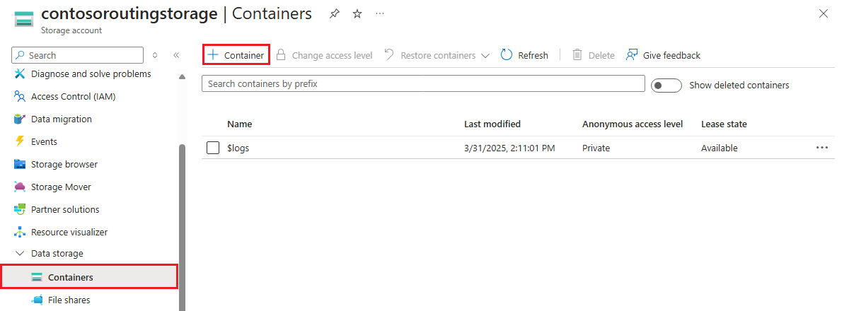 Capture d’écran montrant comment créer un conteneur pour un compte de stockage dans le portail Azure.