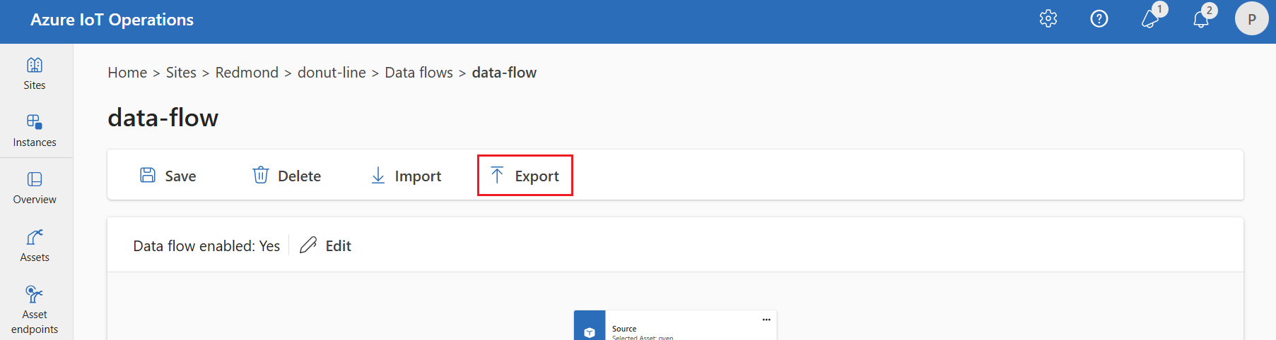 Capture d'écran de l'interface d'expérience des opérations montrant l’option d’exportation pour un flux de données configuré.
