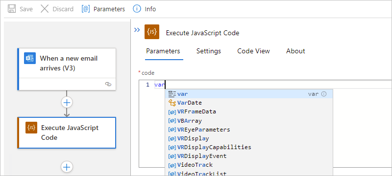 Capture d’écran montrant le flux de travail Standard, l’action Exécuter le code JavaScript et la liste de saisie semi-automatique des mots clés.