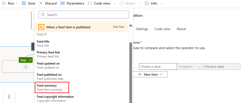 Capture d’écran montrant le portail Azure, le concepteur de flux de travail Consommation, le déclencheur RSS et l’action Condition avec la construction de critères.
