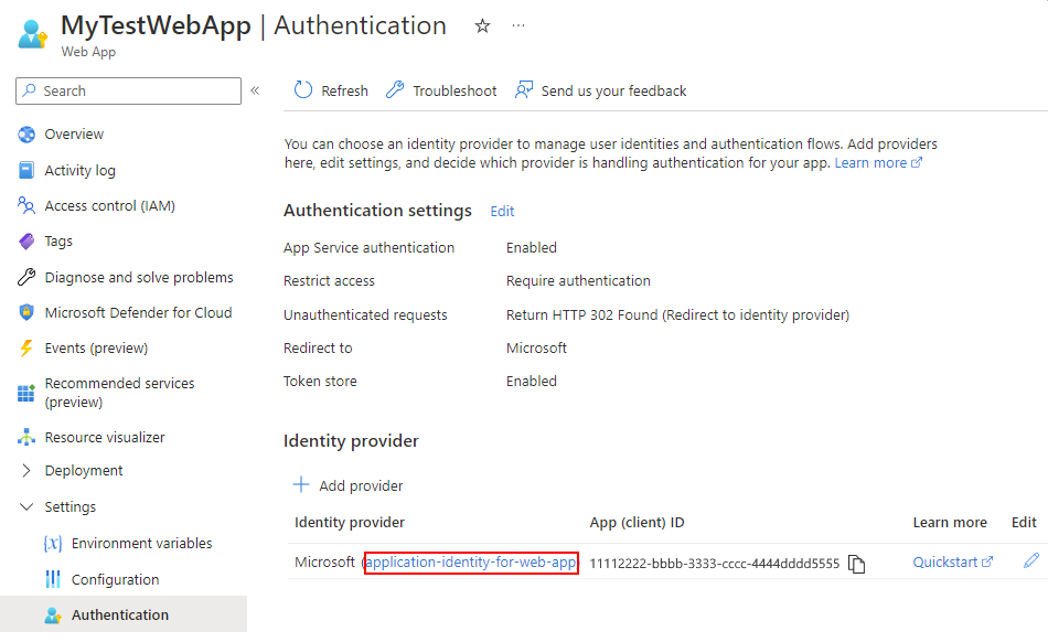 Capture d’écran montrant la page Authentification ouverte pour l’identité d’application nouvellement créée.