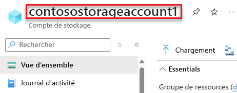 Screenshot de la page du portail Azure mettant en évidence le nom du compte de stockage.