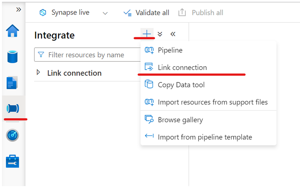 Capture d’écran qui montre comment créer un lien vers un pool Azure Synapse SQL.