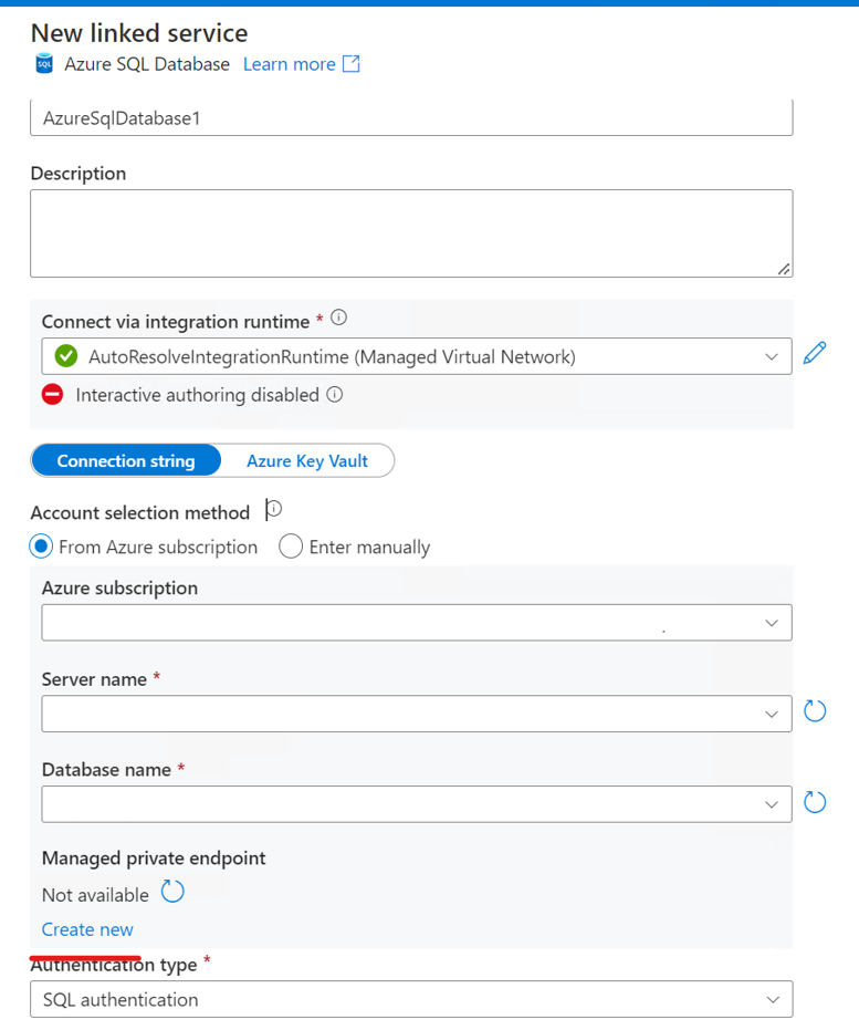 Capture d’écran d’un nouveau point de terminaison privé de service lié à la base de données Azure SQL 1.