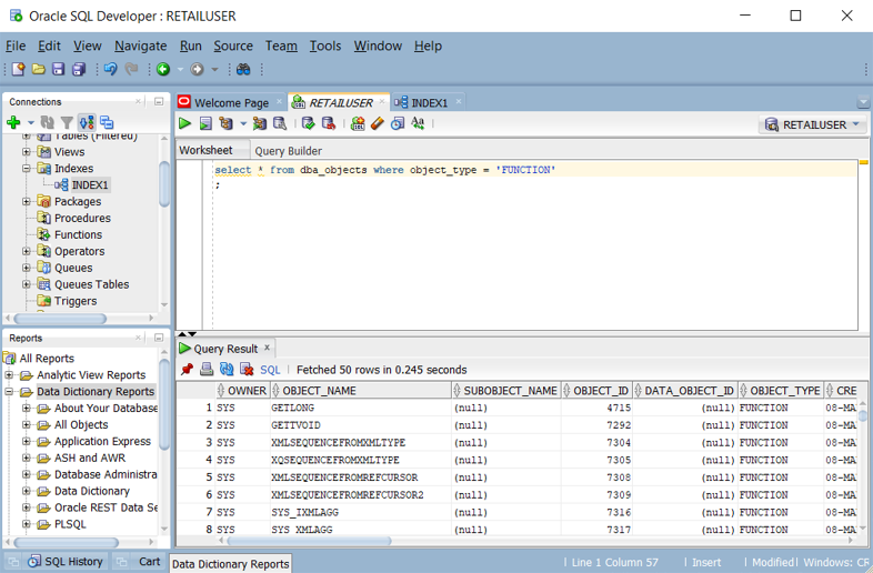 Capture d’écran montrant l’interrogation d’une liste de fonctions dans Oracle SQL Developer.
