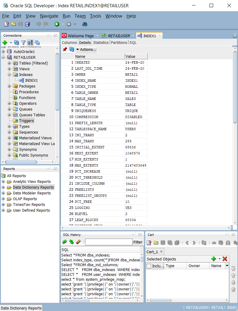 Capture d’écran montrant l’interrogation de tables et des affichages catalogue du système de requête dans Oracle SQL Developer.