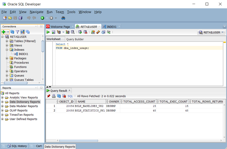 Capture d’écran montrant comment découvrir les index qui sont utilisés dans Oracle SQL Developer.