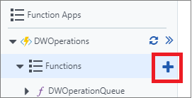 Capture d’écran montrant le menu « Function Apps » avec l’icône « Plus » en regard de « Functions » sélectionnée.