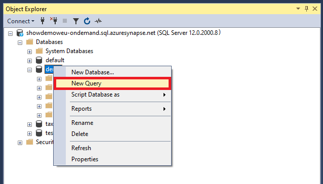Capture d’écran de la fenêtre Nouvelle requête pour le pool SQL serverless.