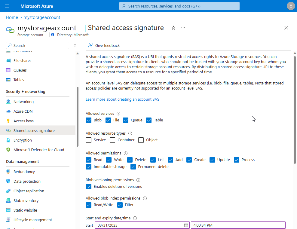 Capture d’écran montrant la page de signature d’accès partagé, qui contient la chaîne de connexion et Générer SAS.