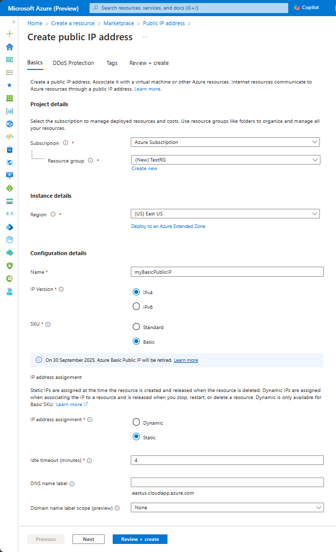Capture d’écran montrant les paramètres de l’onglet Informations de base de la page Créer une adresse&nbsp;IP publique pour une référence&nbsp;SKU de base.