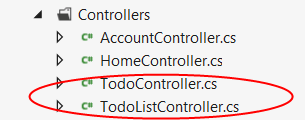 Capture d’écran montrant le dossier Controllers ouvert. ToDoController.cs et ToDoListController.cs sont tous deux entourés en rouge.