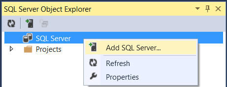 Capture d’écran de l’Explorateur d’objets serveur S Q L montrant l’élément S Q L Server mis en surbrillance en bleu et l’élément Ajouter un serveur Q L mis en surbrillance en jaune.
