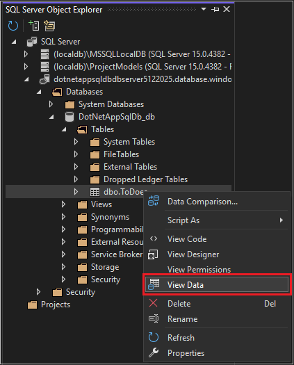 Capture d’écran montrant l’exploration d’objets SQL Database.