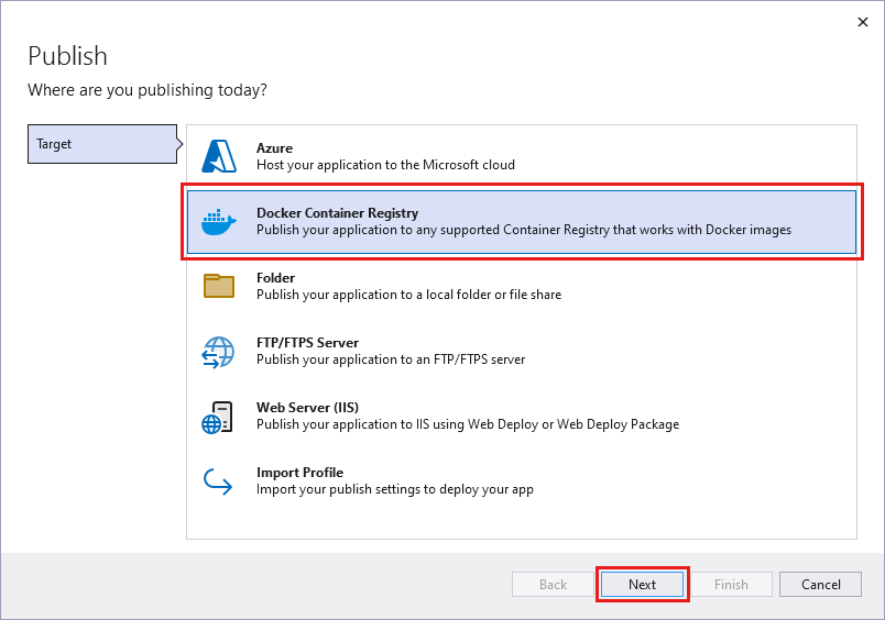 Capture d’écran montrant l’écran Sélectionner Docker Container Registry.