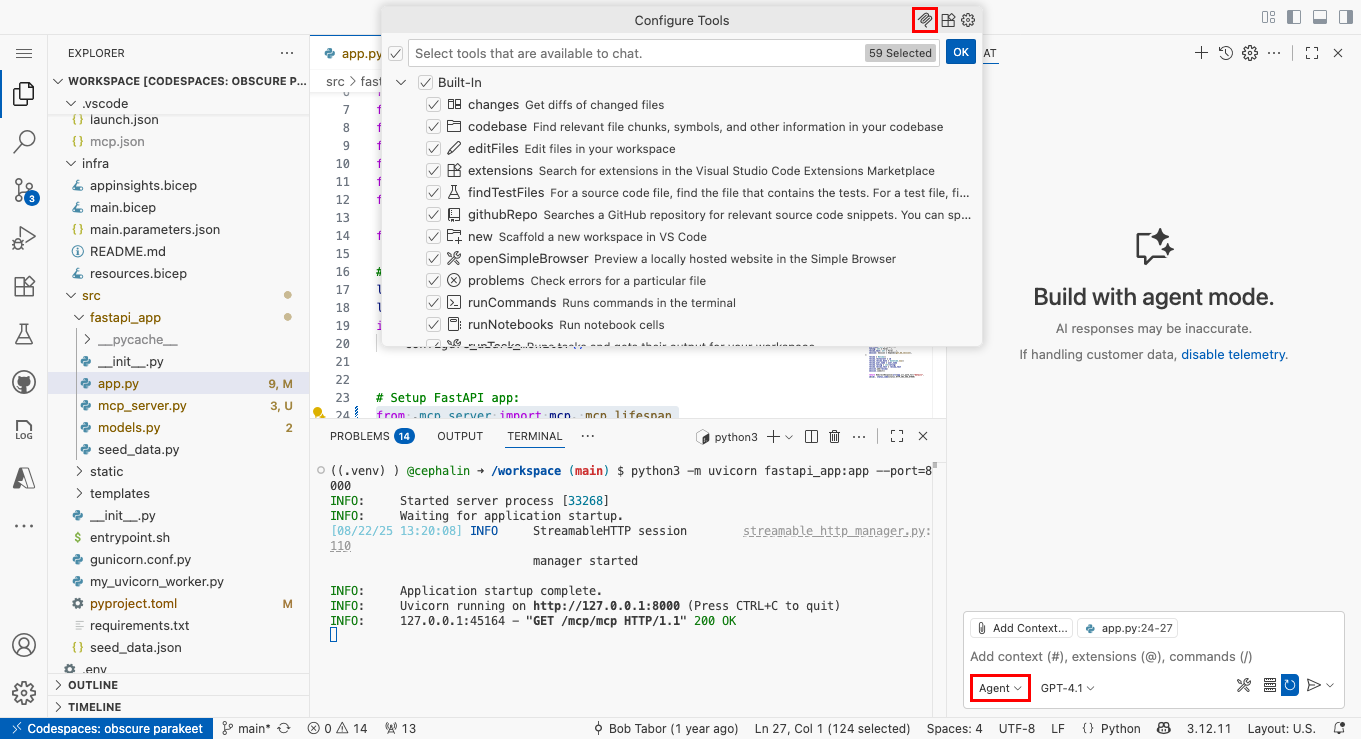 Capture d’écran montrant comment ajouter un serveur MCP en mode Agent GitHub Copilot Chat.