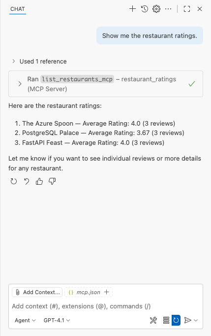 Capture d’écran montrant que la réponse de l’appel de l’outil MCP dans la fenêtre GitHub Copilot Chat.