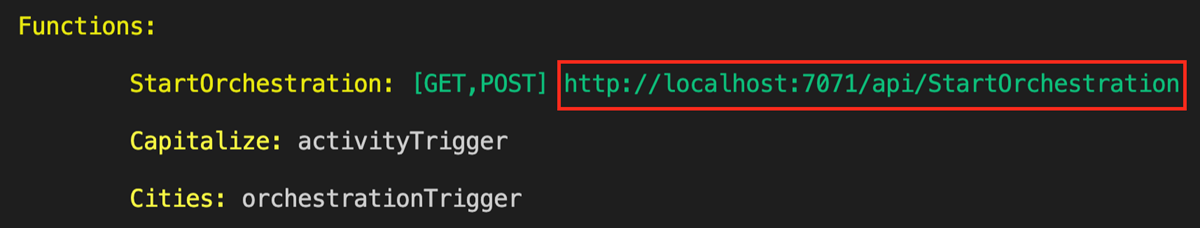 Screenshot de la sortie du terminal affichant l’URL du point de terminaison HTTP pour le runtime local Azure Functions runtime.