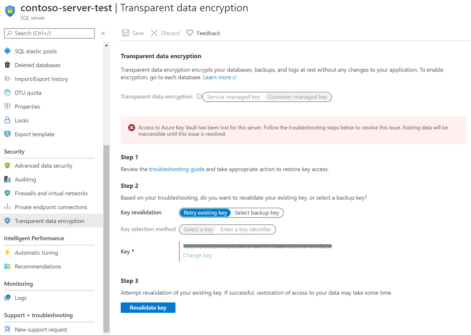 Capture d’écran d’une base de données inaccessible TDE BYOK.