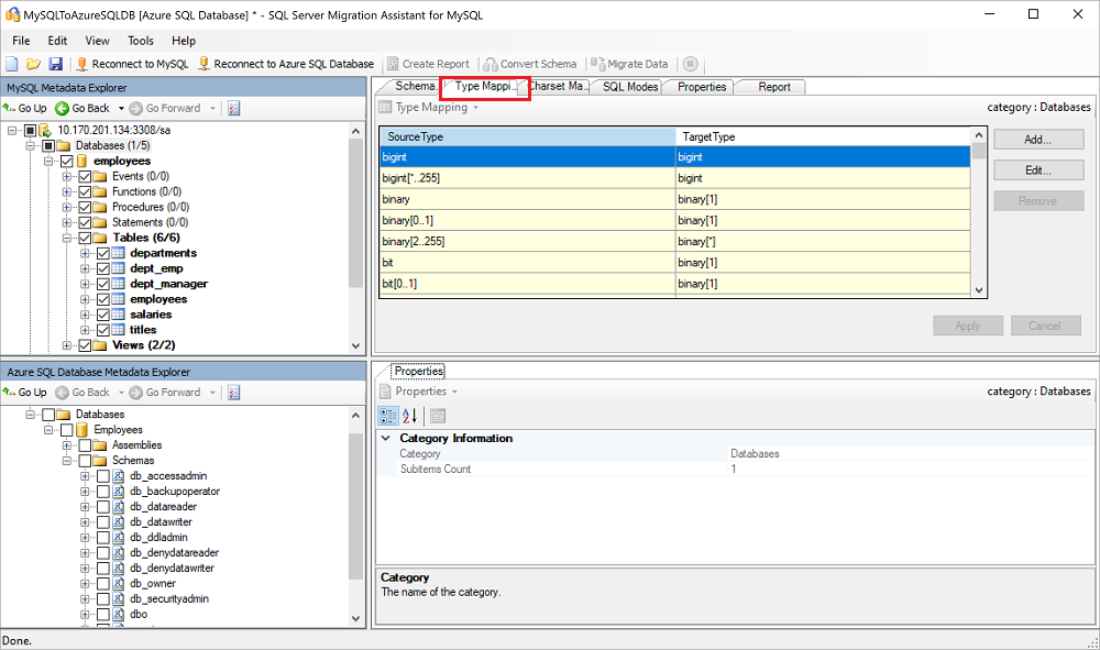 Capture d’écran du volet « Mappage de type » dans SSMA pour MySQL.