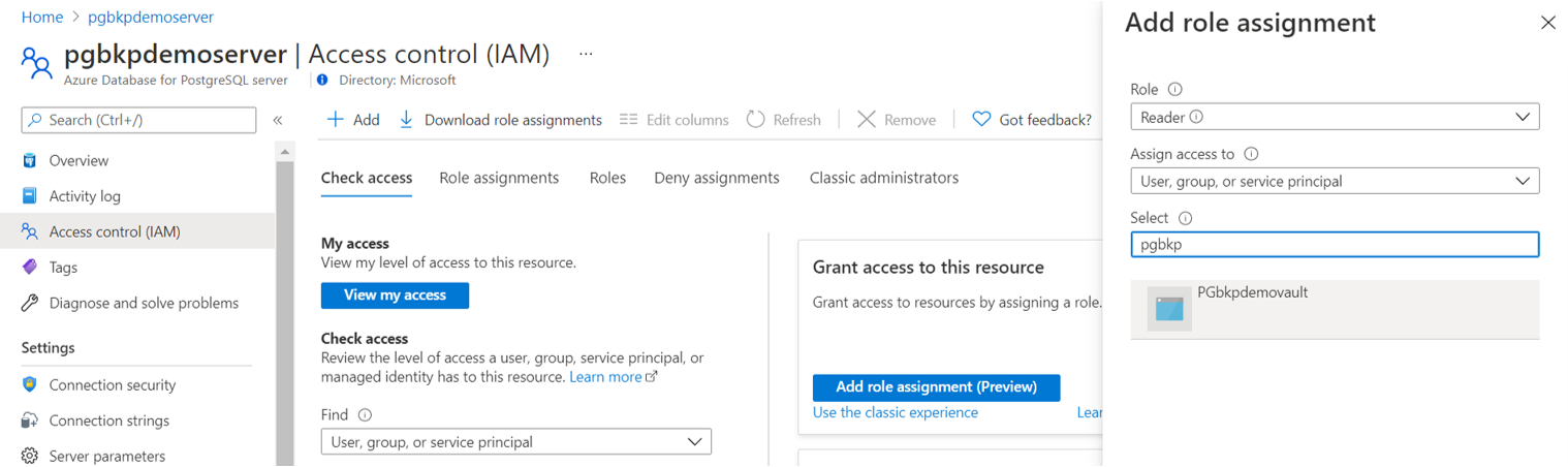 Capture d’écran montrant l’option permettant de définir l’accès lecteur M S I d’un coffre Sauvegarde Azure sur un serveur Azure Database pour PostgreSQL.