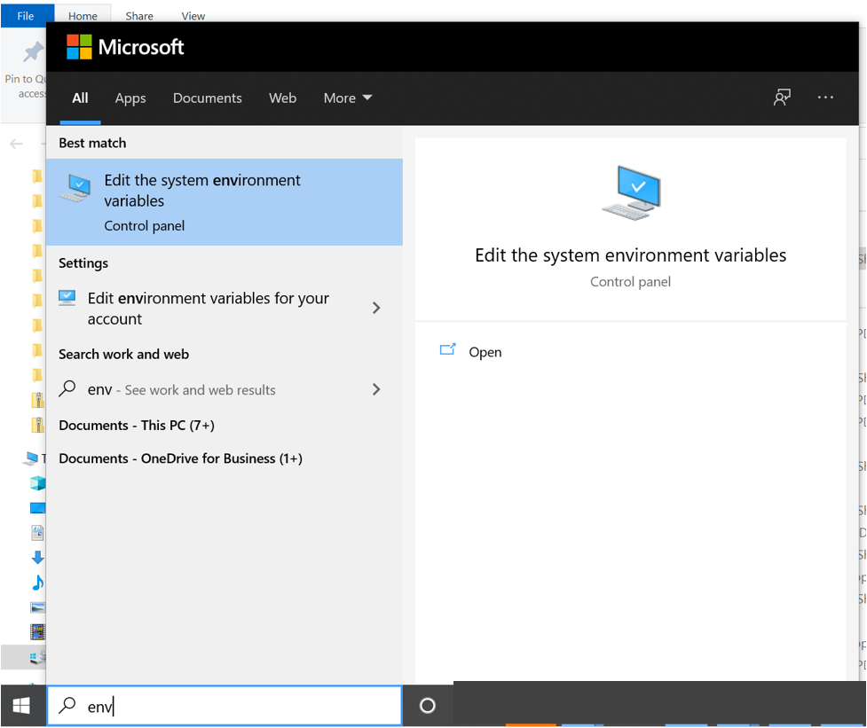 Capture d’écran montrant une recherche de l’élément du Panneau de configuration pour modifier les variables d’environnement système.