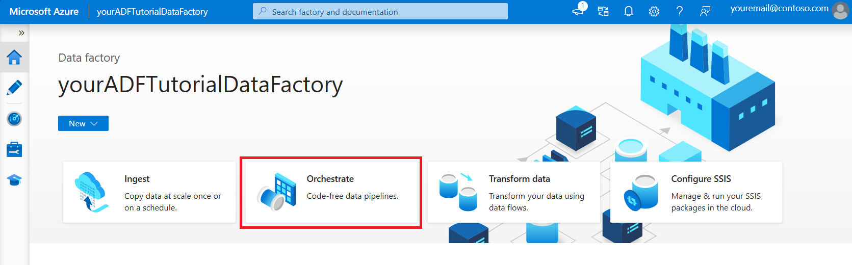 Screenshot qui affiche la page d’accueil Azure Data Factory.