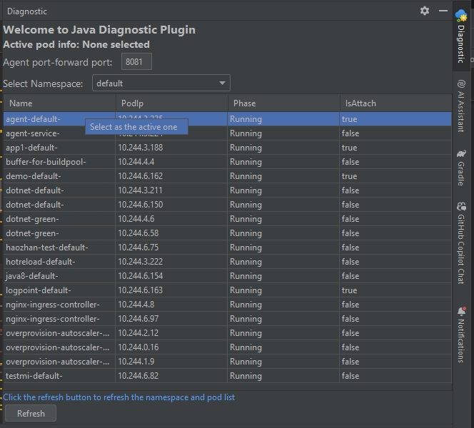 Capture d’écran de l’onglet Diagnostic IntelliJ IDEA avec un pod sélectionné et l'élément de menu 'Sélectionner comme actif' affiché.