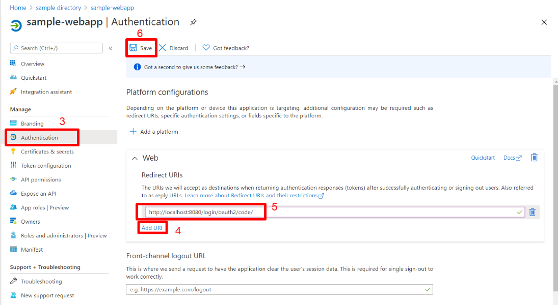 Capture d’écran du portail Azure montrant la page d’authentification des applications web avec l’URI de redirection mis en surbrillance.