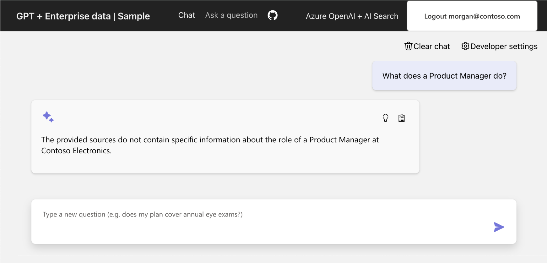 Capture d’écran montrant une application de conversation dans un navigateur montrant que la réponse ne peut pas être retournée.