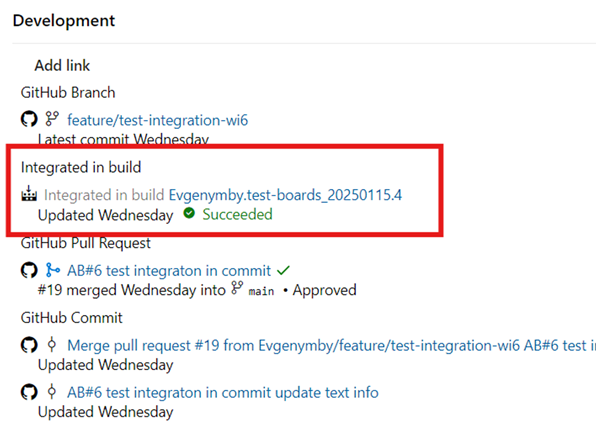 Capture d’écran de l’élément de travail montrant le lien Intégré dans la build dans la section Développement.