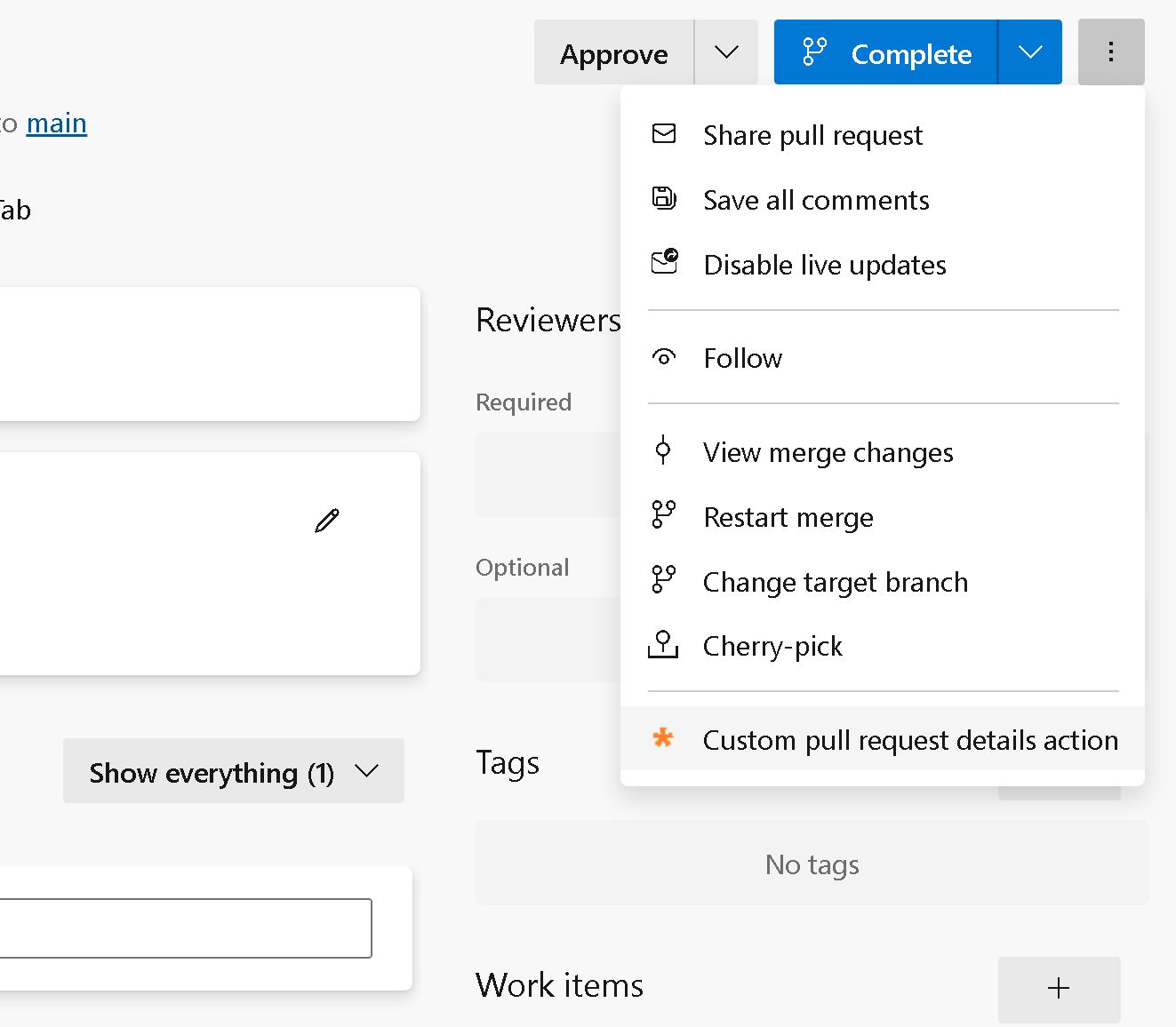 Capture d’écran du menu Actions de demande de tirage Git.
