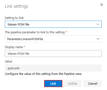 Capture d’écran montrant comment lier un nouveau paramètre dans un pipeline classique.