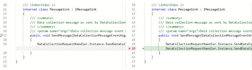 Capture d’écran montrant les indicateurs de couverture des modifications de lignes dans une pull request.