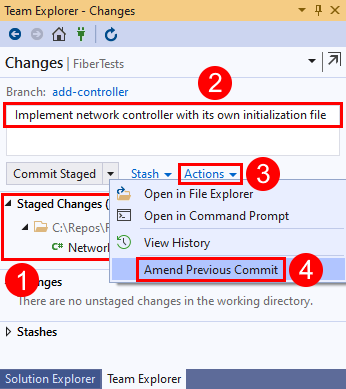 Capture d’écran montrant l’option « Modifier la validation précédente » dans la vue « Modifications » de Team Explorer dans Visual Studio 2019.