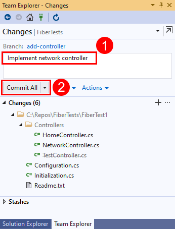 Capture d’écran de l’option « Valider tout » dans la vue « Modifications » de Team Explorer dans Visual Studio 2019.