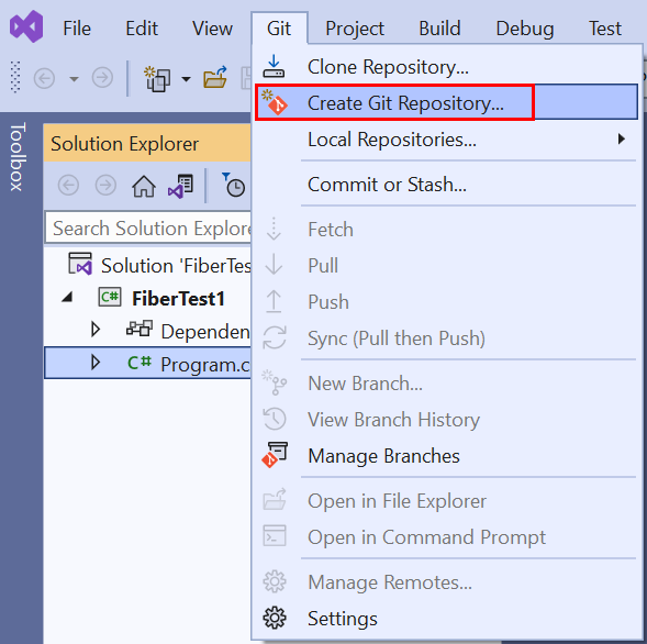 Capture d’écran de l’option «&nbsp;Créer un référentiel Git&nbsp;» dans le menu Git à partir de la barre de menu de Visual Studio&nbsp;2019.