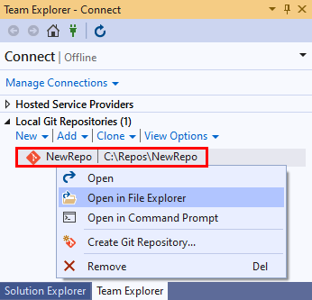 Capture d’écran de la nouvelle entrée de référentiel et de son menu contextuel dans la section «&nbsp;Référentiels Git locaux&nbsp;» de l’affichage «&nbsp;Se connecter&nbsp;» de «&nbsp;Team Explorer&nbsp;» dans Visual Studio&nbsp;2019.