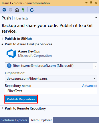 Capture d’écran des options de nom de l’organisation et du référentiel Azure DevOps et du bouton «&nbsp;Publier le référentiel&nbsp;» dans l’affichage «&nbsp;Synchronisation&nbsp;» de «&nbsp;Team Explorer&nbsp;» dans Visual Studio&nbsp;2019.