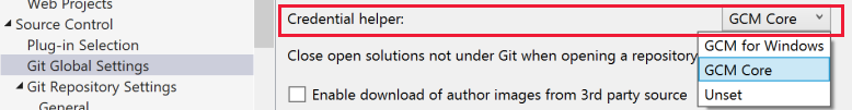 Capture d’écran du paramètre d’assistance d’informations d’identification dans la boîte de dialogue Options dans Visual Studio.
