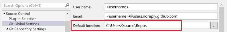 Capture d’écran montrant le champ d’emplacement par défaut dans Visual Studio.