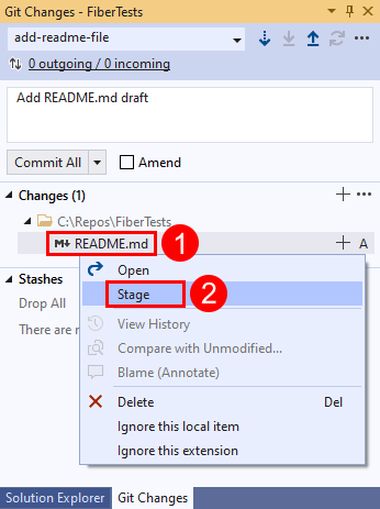 Capture d’écran de l’option Indexer dans la fenêtre « Modifications Git » de Visual Studio 2019.