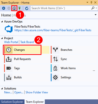 Capture d’écran de l’option Modifications dans Team Explorer dans Visual Studio&nbsp;2019.