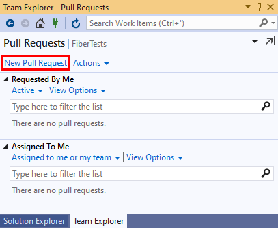 Capture d’écran du lien «&nbsp;Nouvelle demande de tirage&nbsp;» dans l’affichage Demandes de tirage de Team Explorer dans Visual Studio&nbsp;2019.