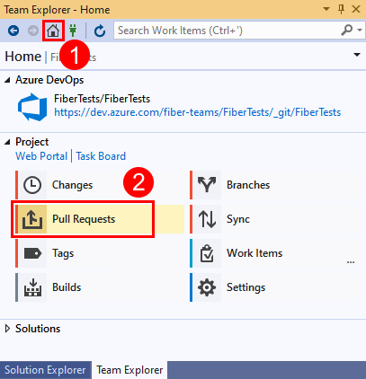 Capture d’écran de l’option «&nbsp;Pull Requests&nbsp;» dans Team Explorer dans Visual Studio&nbsp;2019.