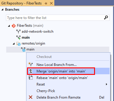 Capture d’écran de l’option Fusionner dans la fenêtre Dépôt Git de Visual Studio 2019.