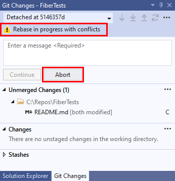 Capture d’écran du message de conflit de base dans la fenêtre dépôt Git de Visual Studio 2019.
